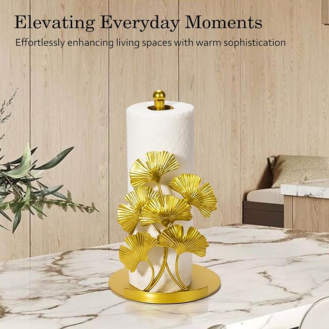 Vintage Gold Ginkgo Paper Towel Holder Countertop - Gold Kitchen Decor and Accessories, Luxury Housewarming Gifts for Women, 3D Ornate Leaf Textured, Retro Design Home Decor, Weighted Base & Felt Pad