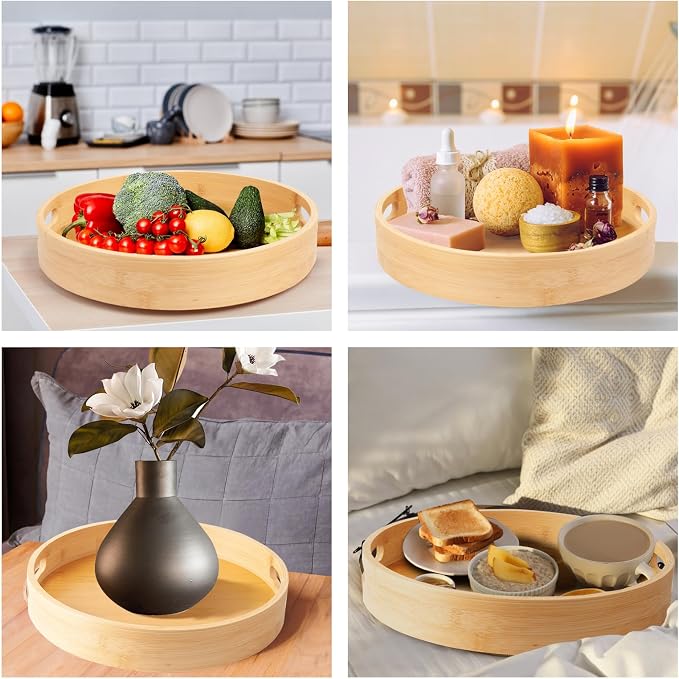 10in Bamboo Lazy Susan Organizer Turntable for Cabinet | Spice Turntable Organizer for Kitchen, Round Rotating Serving Tray Turntable Seasoning Organizer for Table Top