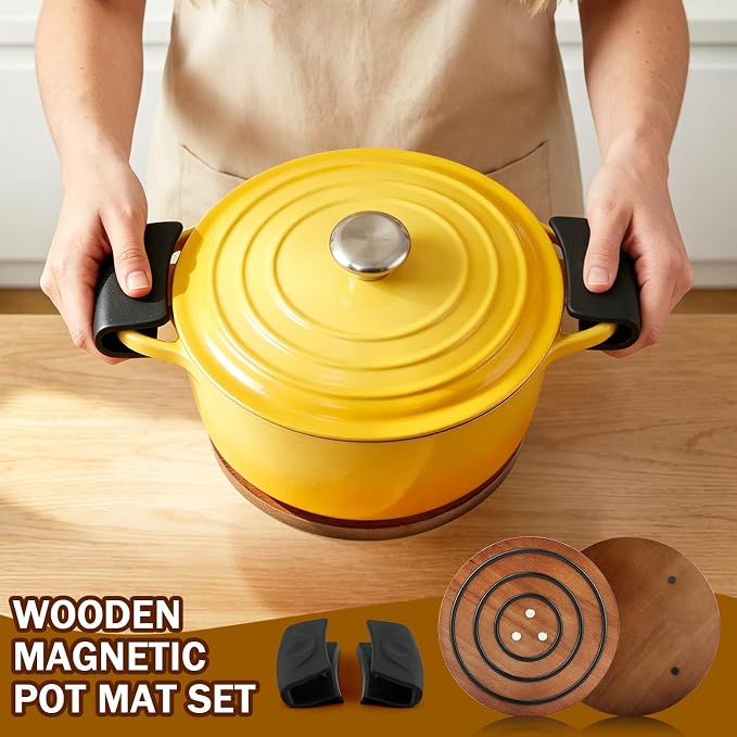 8 Inch Upgraded Strong Magnets Wooden Trivet, Wood Trivet with 3 Heat‑Resistant Silicone Rings, Magnetic Pot Holder for Cast Iron Pots, Pans & Hot Dishes, Includes 2 Silicone Pot Grips