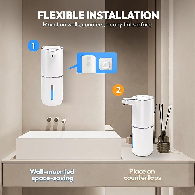 2 Pack Automatic Foaming Soap Dispenser,Touchless Foam Soap Dispenser,12.8oz Rechargeable Wall Mounted Smart for Bathroom and Kitchen Dish Soap,Easy for Toddlers(White)