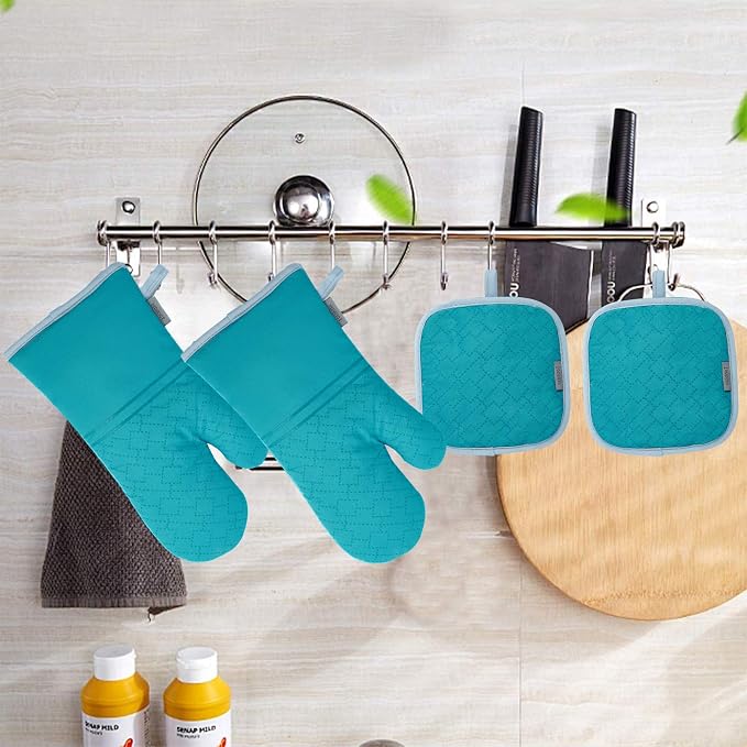 4Pcs Oven Mitts and Pot Holders Set, 572F Heat Resistant Oven Glove, Soft Cotton Lining with Non-Slip Surface for Kitchen Baking BBQ (Turquoise)