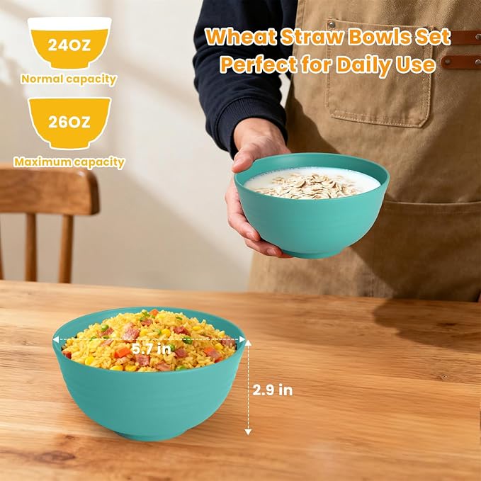 Wheat Straw Bowls, Cereal Bowls, Plastic Bowl Alternative, Set of 8, Unbreakable Microwave Safe Bowls for Soup, Salad, Dinner, Cereal, Snack, Dishwasher Safe for Kitchen, Party (Green, 26 OZ)