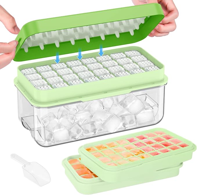 1" Ice Cube Tray with Lid and Bin, Easy Release 64 Cubes for Freezer | Food-grade BPA-free PP and ABS. 1" x 64pcs ice cubes for fruit whiskey, cocktails. Space-saving, stackable with scoop