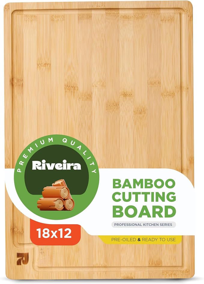 Riveira Bamboo Grandeur: 18 x 12 Bamboo Cutting Board Natural Wooden Cutting Board With Innovative Juice Grooves