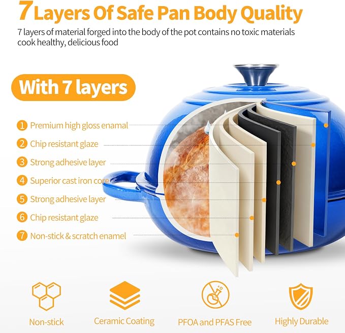 6QT Enameled Cast Iron Dutch Oven For Sourdough Bread Baking | Dutch Oven Pot With Lid,Non-stick Sourdough Baking Pan with Bread Dome,Round Ceramic Dutch Oven Pot for Homemade