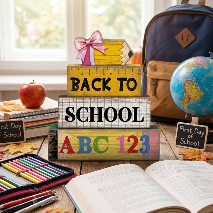 Lineshading 4 Pcs Back To School Table Decorations Wooden Pencil Blocks | Back To School Tiered Tray Decorations With Abc 123 Pencil Ruler, Rustic Farmhouse Gift For Classroom Teacher Desk