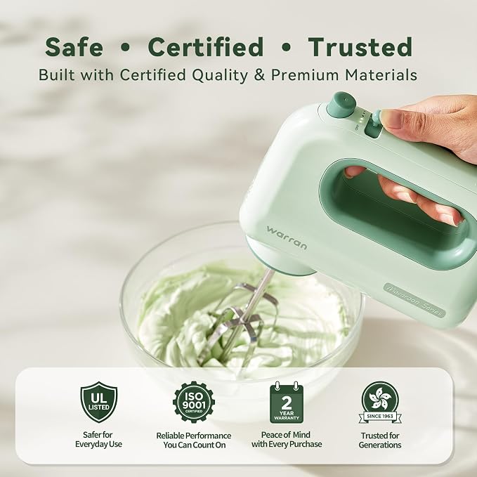 300W Compact Lightweight Electric Hand Mixer, with Powerful Quiet DC Motor for Baking, Cake, Brownies, Cookie Dough, Ideal for Home Kitchen (Green)