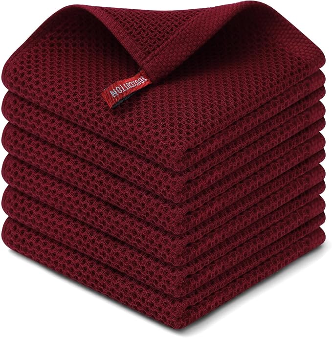 Kitinjoy 100% Cotton Waffle 6-Pack Kitchen Towels, 12" x 12", Burgundy | Ultra Absorbent, Super Soft, lightweight, Quick Drying Dish Rags for Washing Dishes