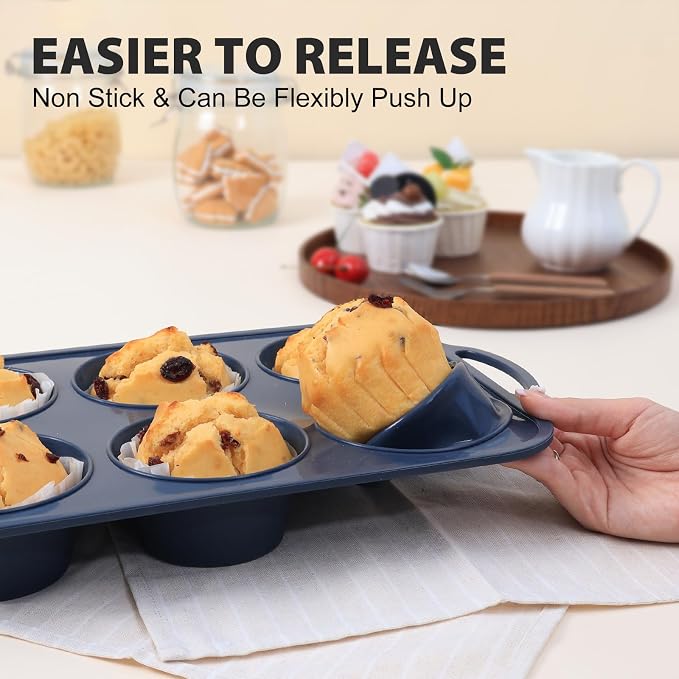 Jumbo Silicone Muffin Pan with Frame, Non Stick Large Cupcake Baking Tin | Silicone Cupcake Pan with Handles 6 Cup, BPA Free Silicon Muffin Tin Tray Extra Large for Baking Egg Bites Mold Vnray Grey