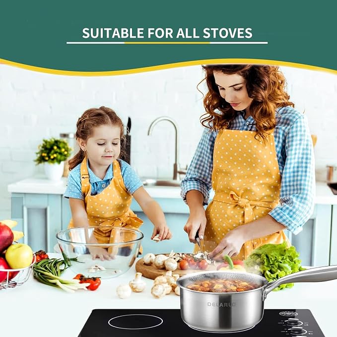 DELARLO Tri-Ply Stainless Steel Hybrid Non Stick Saucepan 2.5 Quart | Small Sauce Pot, Induction Cooking Saucier, Honeycomb Heavy Duty Sauce Pan Cookware, PFOA&PTFE Free