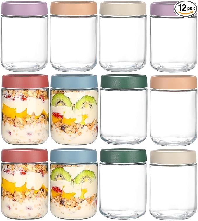 Artcochan Overnight Oats Containers with Lids 16 oz Glass Jars Glass Mason Jars with Airtight Lids, Perfect for Oats, Yogurt, Chia Pudding (12)