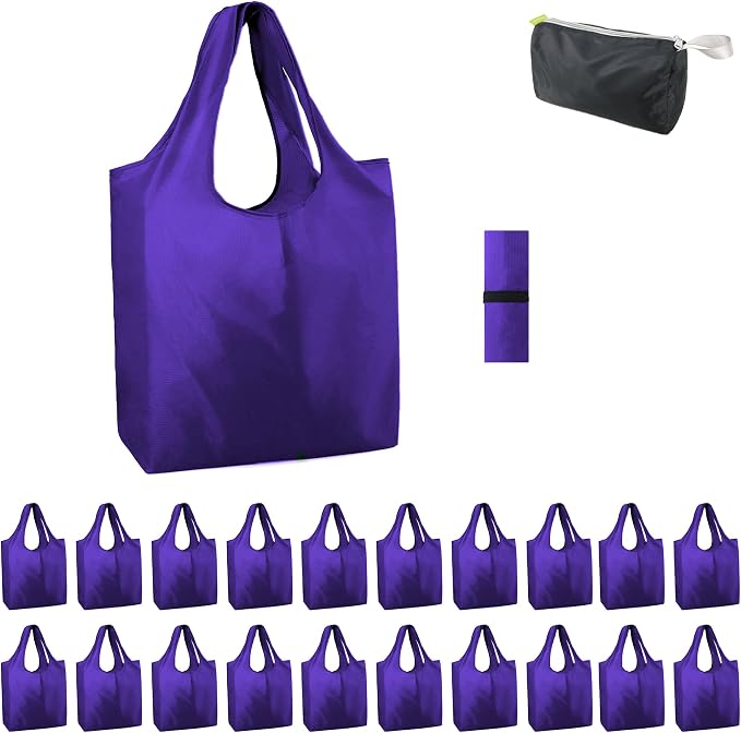 BeeGreen Purple Reusable Grocery Bags Wholesale Purple Reusable Kitchen Bags Bulk Foldable-Machine Washable with Zipper Storage Pouch 20 Packs