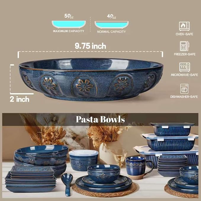 Pasta Bowls, 50oz Large Salad Serving Bowls, 9.75'' Plates Bowls Set of 4, Big Ceramic Soup Bowls for Kitchen, Embossment Shallow Dinner Bowl, Microwave Dishwasher Safe, Pinwheel Flower, Blue