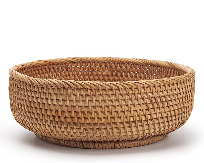 Round Rattan Fruit Baskets Woven Storage Bowls Key Holder Stackable for Shelf Kitchen Tabletop Natural Set of 3