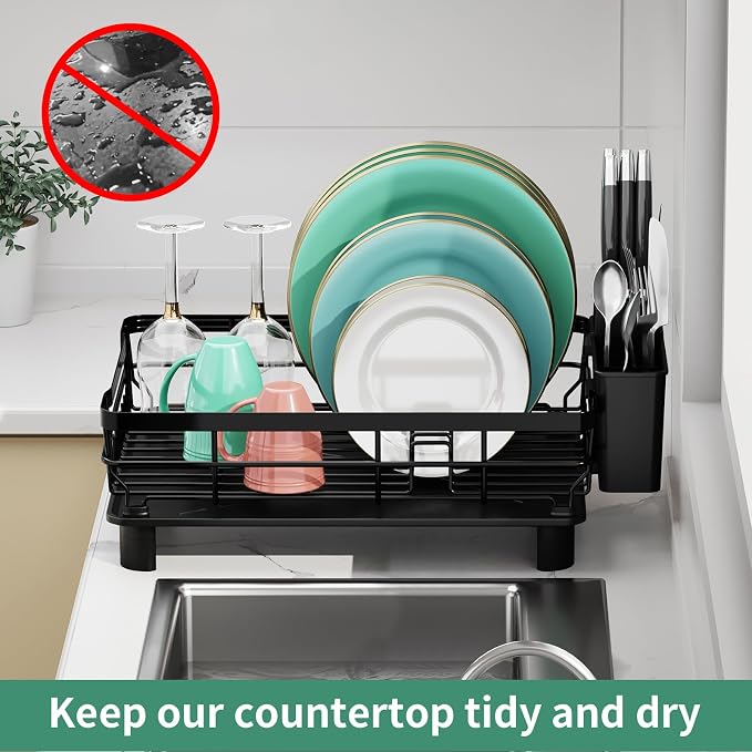 MOUKABAL Dish Drying Rack with Drainboard for Kitchen Counter, Black | 13×17 Large Capacity/Rustproof Stainless Steel/Fast Drainage Dish Drainer/Removable Utensil Holder/Kitchen Counter Organizer