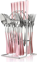 24 Pieces Silverware Set, Stainless Steel Cutlery Set with Holder, Flatware Set for 6 Person Tableware Set Includes Dinner Knives Forks Spoons Teaspoons, Mirror Polished (Pink)