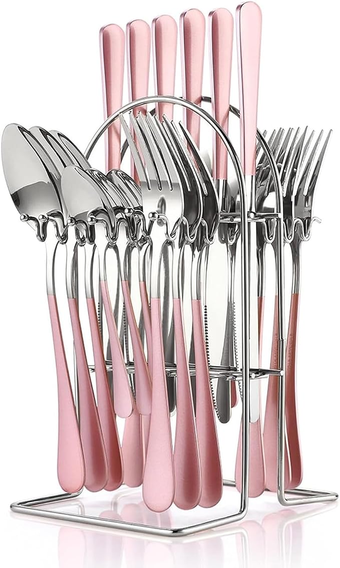 24 Pieces Silverware Set, Stainless Steel Cutlery Set with Holder, Flatware Set for 6 Person Tableware Set Includes Dinner Knives Forks Spoons Teaspoons, Mirror Polished (Pink)