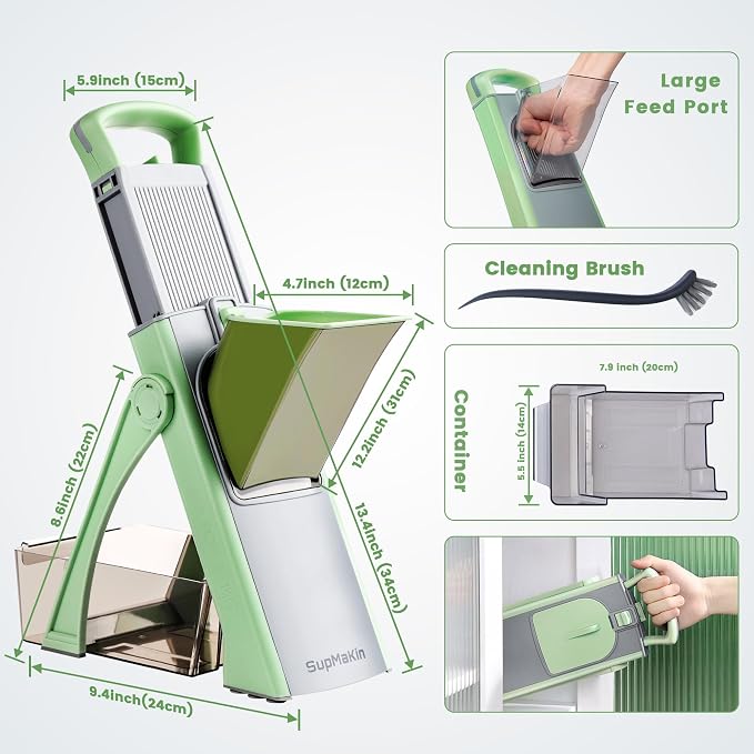 Upgrade Safe Mandoline Slicer for Kitchen, SupMaKin Bigger Entrance Vegetable Food Slice Potato Slicer Chopper, Adjustable Thickness Multi Mandolin, Julienne + Dicer Kitchen Must Haves Green | 0.1-8mm, Cut Resistant Stainless Steel Blades,Potato Fry Cu...