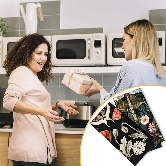 Moody Floral Moth Dragonfly Kitchen Towels Set of 2, Dark Cottagecore Botanical Dish Tea Towels for Kitchen Decor, Dark Academia Flowers Hand Towels for Bathroom Decor, 16x24 Inch