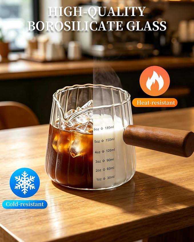 Espresso Measuring Cup 6 Oz, Espresso Glass Cups with Wood Handle, Milk Frothing Cup, Espresso Cup for Coffee, Milk, Tea or Maple Syrup Serving