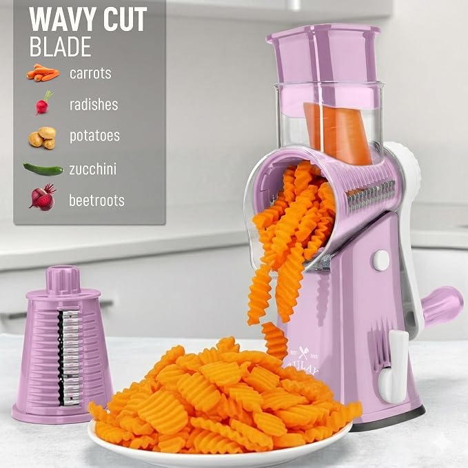 Zulay Kitchen Rotary Cheese Grater 5 Blade Cheese Shredder - Manual Hand Crank Cheese Grater With Reinforced Suction & 5 Interchangeable Drums - Easy to Use, Vegetable Chopper Round Mandoline Slicer