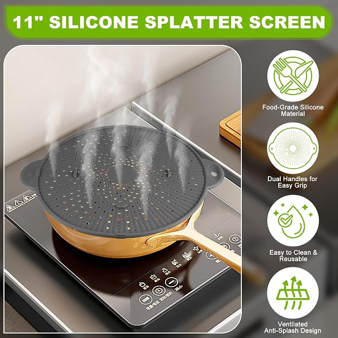 Silicone Splatter Screen for Frying Pan - 11 Inch Heat-Resistant Silicone Grease Splatter Guard, Multi-Use Oil Splash Guard for Kitchen Cooking Pan Cover, Dishwasher Safe