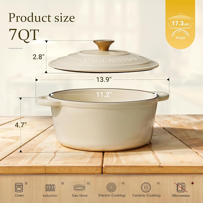 Overmont Enameled Cast Iron Dutch Oven - 7QT Pot with Lid Cookbook & Cotton Potholders - Heavy-Duty Cookware for Braising, Stews, Roasting, Sourdough Baking Cream White