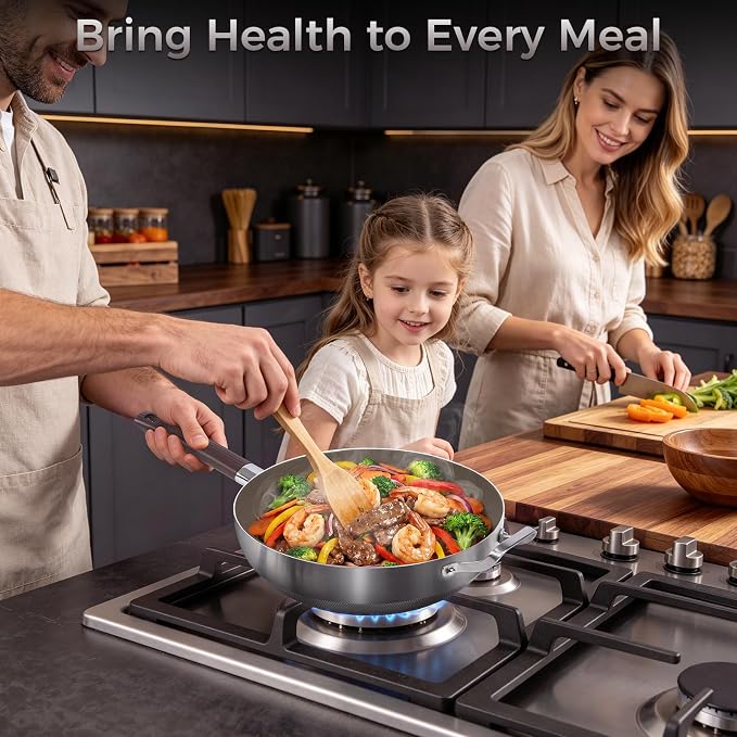 Titanium Wok Pan, 14 Inch Wok with Lid, Non Stick Stainless Steel Woks & Stir-fry pans, PFOA/PFAS/PTFE Free, Dishwasher Safe, Home Use For All Stoves,14Inch