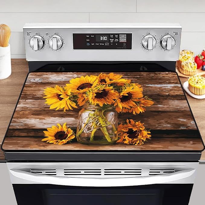 Vase of Sunflowers Electric Stove Top Cover Protector,Vintage Floral Plant Stove Top Covers for Gas Burners,Cooktop Mat for Ceramic Glass Cooktop Protector,Glass Top Stove Cover