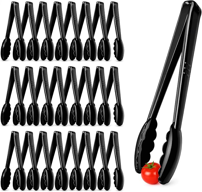 24 Pack Plastic Serving Tongs, 9 Inch Black Heavy Duty Buffet Tongs | Disposable & Reusable, Scalloped Tips, Heavy Duty, For BBQ, Catering, Buffet, Parties, Bulk Food Service