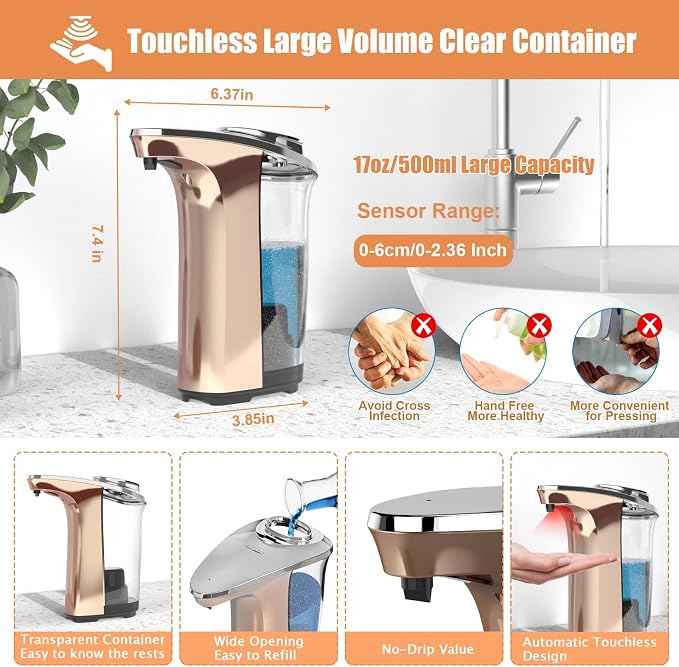 Automatic Soap Dispenser, 17oz Touchless Liquid Dish Soap Dispenser Kitchen | 17OZ Large Capacity, Infrared Sensor, 5 Adjustable Soap Levels, Hand Dispenser for Bathroom Kitchen Sink, Battery Operated
