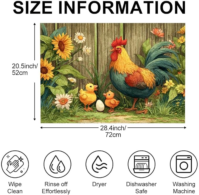 Farmhouse Rooster Stove Top Cover 28.35x20.47 in Non Slip | Heat Resistant Cooktop Protector Mat with Non-Slip Backing, Scratch Protection and Countertop Drying Mat.