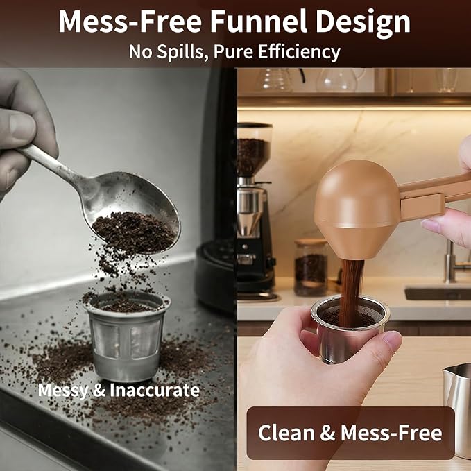 2 Pcs Coffee Scoop with Funnel for Reusable K Cup, 2 TBSP Measuring Spoon | Mess-Free Funnel Design, Sliding Leveler for Precise 2 TBSP, Long Handle for Ground Coffee, Protein Powder & Tea