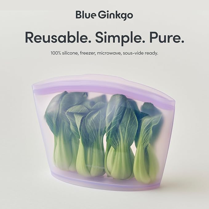 Blue Ginkgo Silicone Food Storage Bags, 3-Pack, Reusable, Made in Korea | Leakproof. Stand Up. Freezer and Dishwasher Safe. (Lavender)