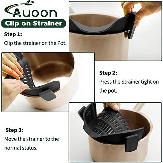 AUOON Pasta Strainer Clip on Silicone, Standard 8.86 x 3.55 in, MilkShake | BPA-free, Fits All Pots Pans Bowls, Dishwasher Safe, for Meat Noodles Vegetable Fruits, Space-saving Kitchen Gadget