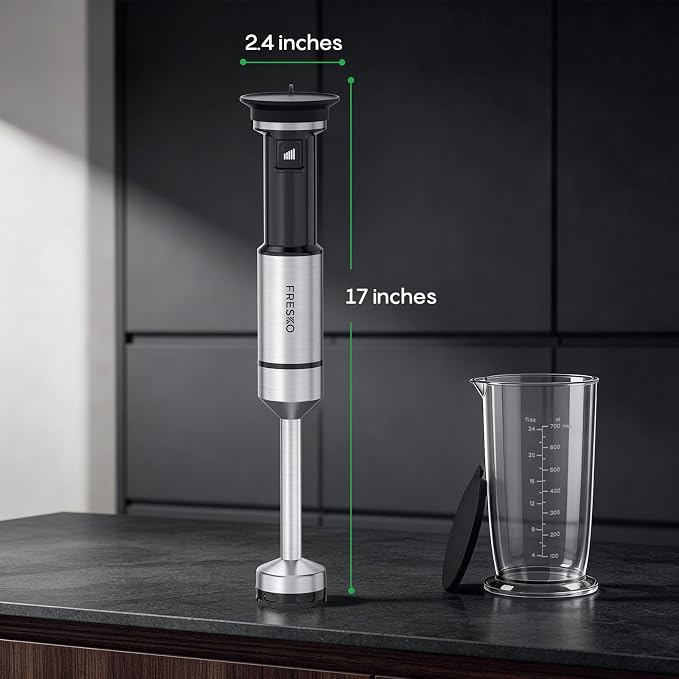 FRESKO Variable Speed Trigger Immersion Blender Handheld with 24oz Beaker | Stick Blender with Anti-Scratch Stainless Steel Shaft, Ergonomic Handle Hand Mixer for Smoothies, Soups & Sauces