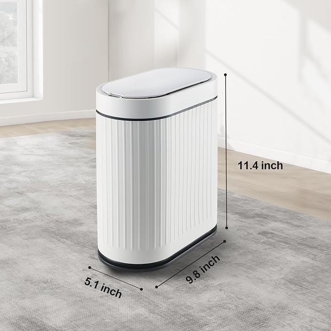 ELPHECO Slim Bathroom Trash Can with Lid, 2 Gallon White Black | Smart Garbage Can, Plastic Wastebasket, Narrow Garbage Bin, Waterproof Bathroom Decor for Bedroom