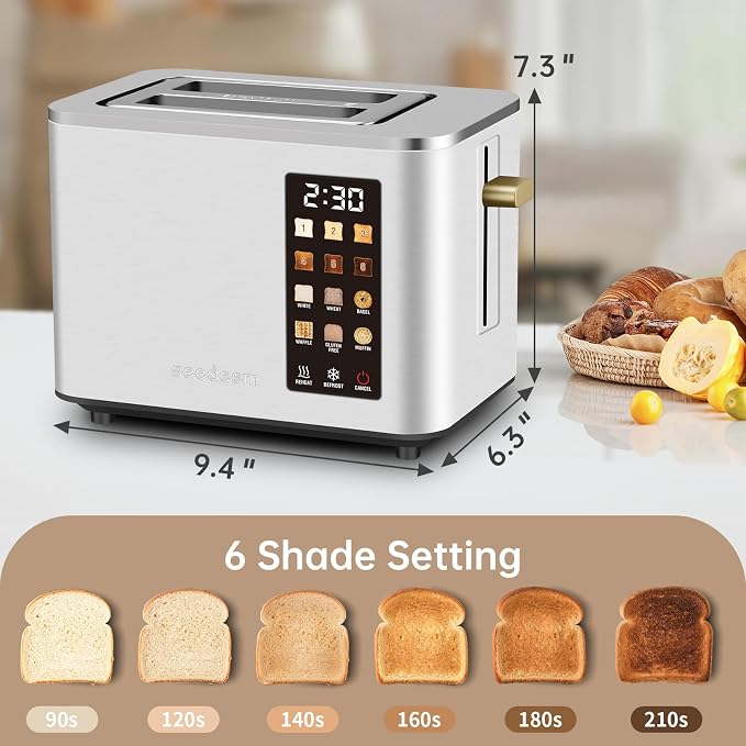SEEDEEM Touchscreen Toaster 2 Slice, Stainless Steel, 6 Shade, 900W, Silver