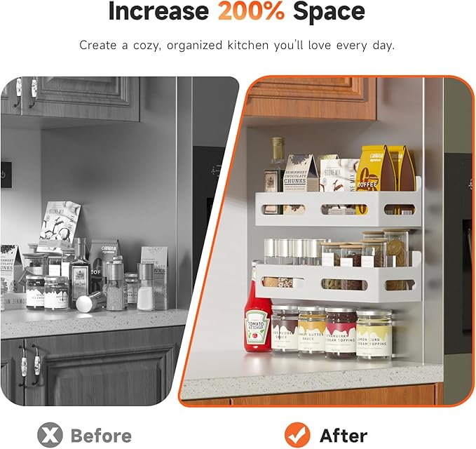 2-Pack Magnetic Spice Rack for Refrigerator with Hooks, White | Strong multipurpose magnetic shelf for kitchen & bathroom organization. Includes 4 removable hooks for hanging items.