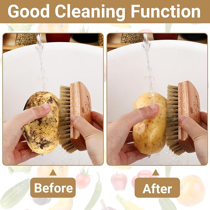 2 Pack Vegetable Scrubber, Veggie Potato Fruit Brush for Food | Firm Bristles, Wood Veggie Wash Scrubber, Carrot Cucumber Tableware Cleaning, Kitchens Camping Brush Tool
