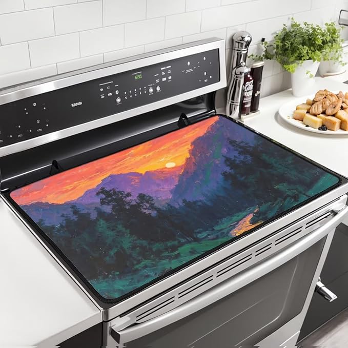 Hambergur Print Kitchen Stove Cover for Electric Stove Heat-Resistant Induction Stove Top Protector with Hanging Loop Countertop Mat National Cheeseburger Day Decor