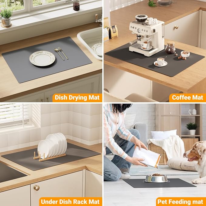 2-Pack Silicone Counter Mats 24”x16”, Grey | 1.5mm thick silicone counter protector, heat resistant & non-slip. Works for air fryer, hot pots, pans and coffee maker.