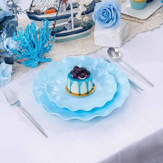 LIYH 24 Pcs Blue Plastic Plates Reusable - Unbreakable Light Blue Scalloped Plates,Dishwasher Safe Camping Plate for Parties,Birthday,Picnics,BPA Free (12Guests)
