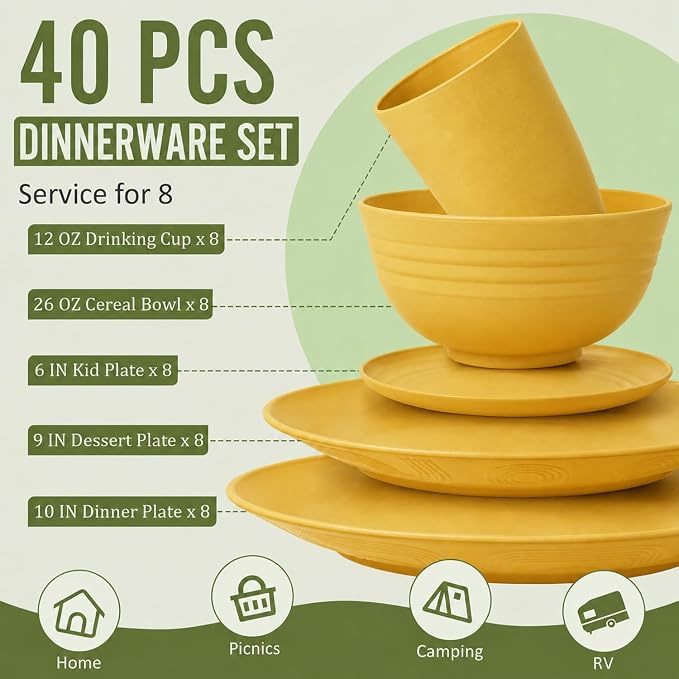 40 Piece Wheat Straw Dinnerware Sets for 8, Unbreakable Dish Set, Plates and Bowls Sets for 8, Lightweight Kitchen Dishware Set for Camping, Picnic, and Famliy Everyday Use - Yellow