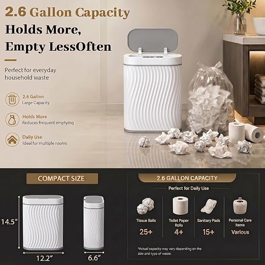 2.6 Gallon Automatic Bathroom Trash Can with Touchless Lid, White Grey | Motion Sensor Trash Can with Slim Waterproof Body; Small Plastic Garbage Can, hands-free lid for Bedroom, office, and kitchen