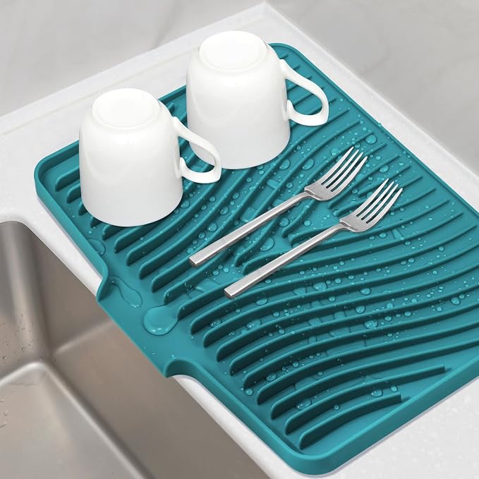 TIKNIK Silicone Dish Drying Mat for Kitchen Counter, Green-1pcs, 16" x 12" | Heat Resistant & Non-Slip Dish Drain Pad with Built-In Drain, Dishwasher Safe, Quick-Dry, Hangable & Roll-Up for Storage