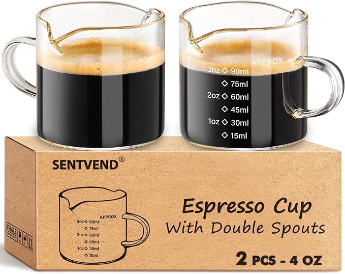 4 Oz Espresso Shot Cups Set of 2 Double Spout with Handle Measuring | Food-grade clear durable glass, Coffee bar accessories, Easy to clean, Smooth pouring, Ideal for desserts and salad dressing