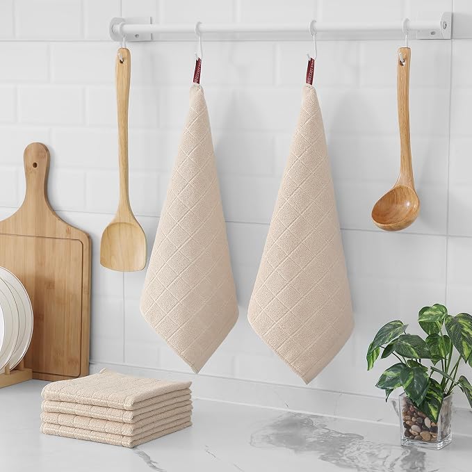 Homaxy 100% Cotton Terry Kitchen Dish Cloths, 6 Pack, Beige | Ultra Soft and Absorbent, Suitable for Drying and Washing Dishes