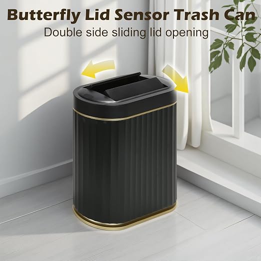 SYNCVIBE Bathroom Sensor Trash Can, 2 Gallon, Butterfly Lid, Black Gold | Automatic Garbage Can, IPX5 Waterproof Slim Trash Bin, Under-Counter Wastebasket for Kitchen, Living Room and Bathroom