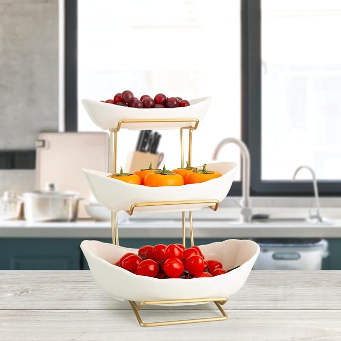 3 Tier White Gold Fruit Bowl and Tray with Metal Stand, Triple Layer Fruit Basket for Snacks, Nuts, Bread, Candy Storage